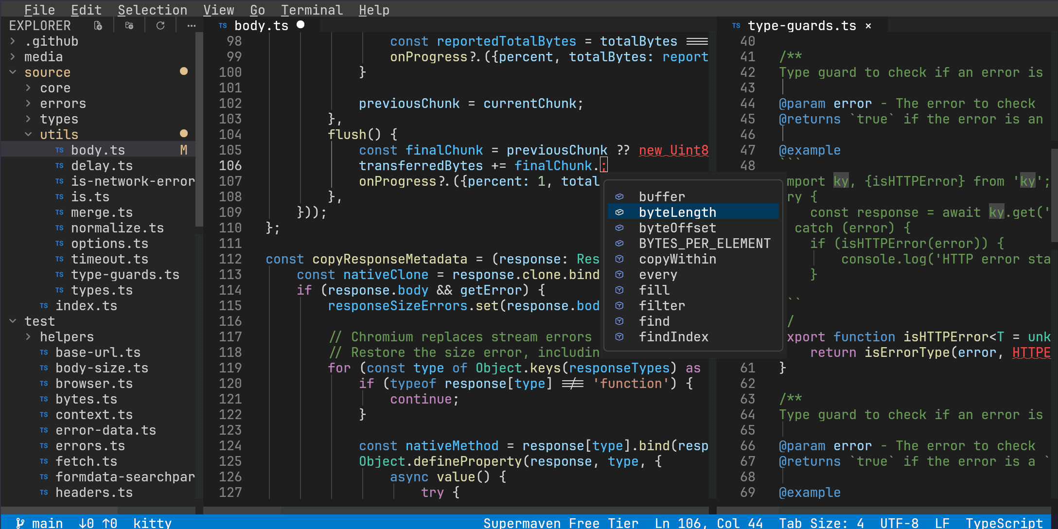 diode in a terminal: Dark+ theme, two TypeScript files side by side with syntax highlighting, LSP completion popup, file explorer and status bar